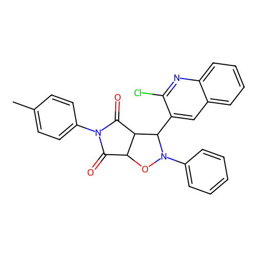 3-(2-chloroquinolin-3-yl)-2-phenyl-5-(p-tolyl)dihydro-2H-pyrrolo[3,4-d]isoxazole-4,6(5H,6aH)-dione structure