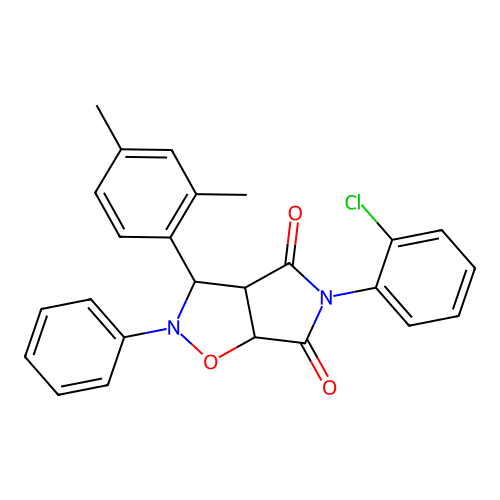 3-(2-chlorophenyl)-8-(2,4-dimethylphenyl)-7-phenyl-6-oxa-3,7-diazabicyclo[3.3.0]octane-2,4-dione structure