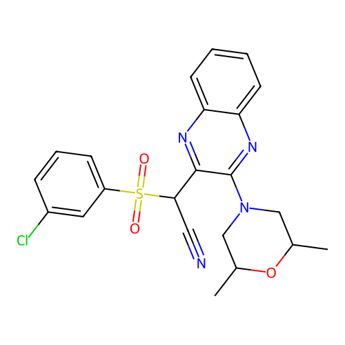 2-(3-chlorophenyl)sulfonyl-2-[3-(2,6-dimethylmorpholin-4-yl)quinoxalin-2-yl]acetonitrile structure