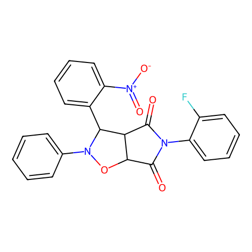 3-(2-fluorophenyl)-8-(2-nitrophenyl)-7-phenyl-6-oxa-3,7-diazabicyclo[3.3.0]octane-2,4-dione structure
