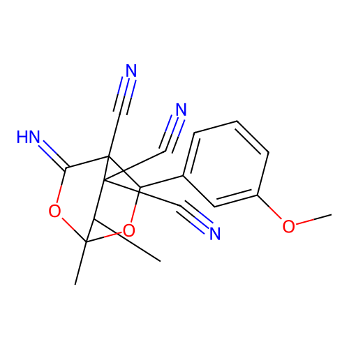 3-imino-5-(3-methoxyphenyl)-1,7-dimethyl-2,6-dioxabicyclo[2.2.2]octane-4,8,8-tricarbonitrile structure