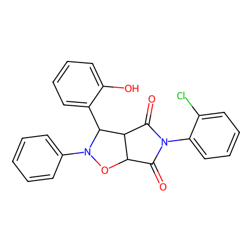 3-(2-chlorophenyl)-8-(2-hydroxyphenyl)-7-phenyl-6-oxa-3,7-diazabicyclo[3.3.0]octane-2,4-dione structure