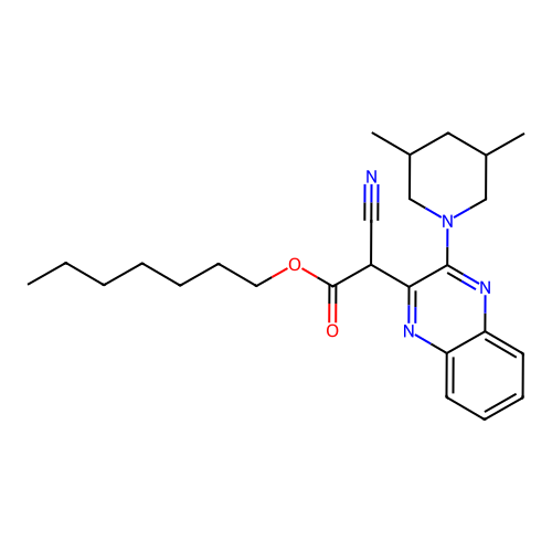 Heptyl cyano[3-(3,5-dimethylpiperidin-1-yl)quinoxalin-2-yl]acetate structure