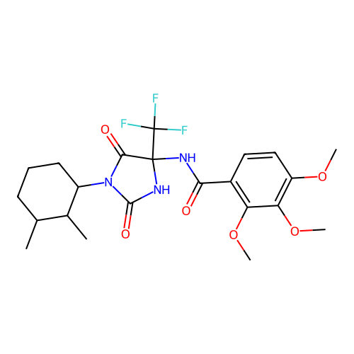 N-(1-(2,3-dimethylcyclohexyl)-2,5-dioxo-4-(trifluoromethyl)imidazolidin-4-yl)-2,3,4-trimethoxybenzamide structure