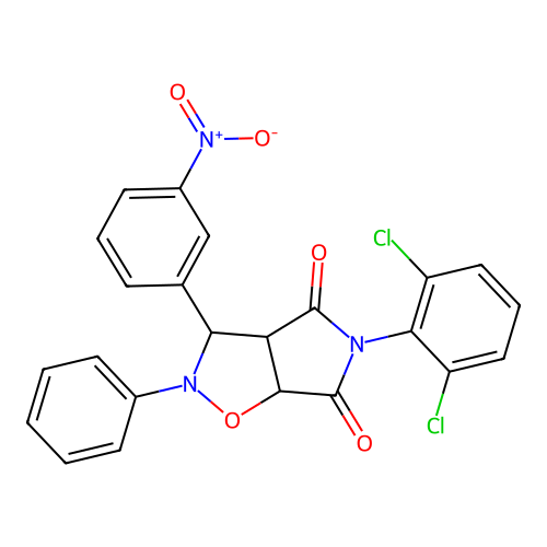3-(2,6-dichlorophenyl)-8-(3-nitrophenyl)-7-phenyl-6-oxa-3,7-diazabicyclo[3.3.0]octane-2,4-dione structure