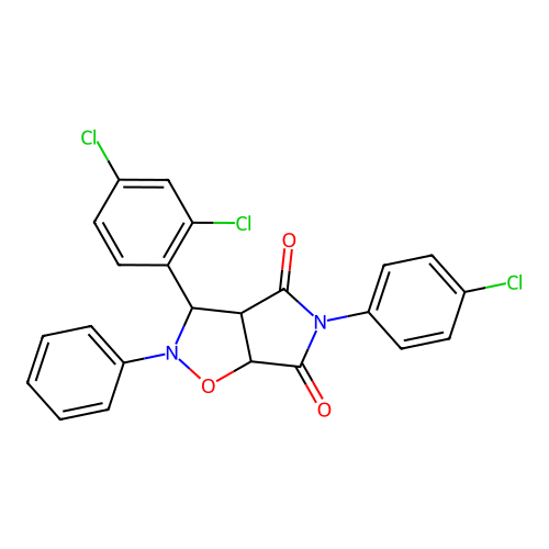 3-(4-chlorophenyl)-8-(2,4-dichlorophenyl)-7-phenyl-6-oxa-3,7-diazabicyclo[3.3.0]octane-2,4-dione structure