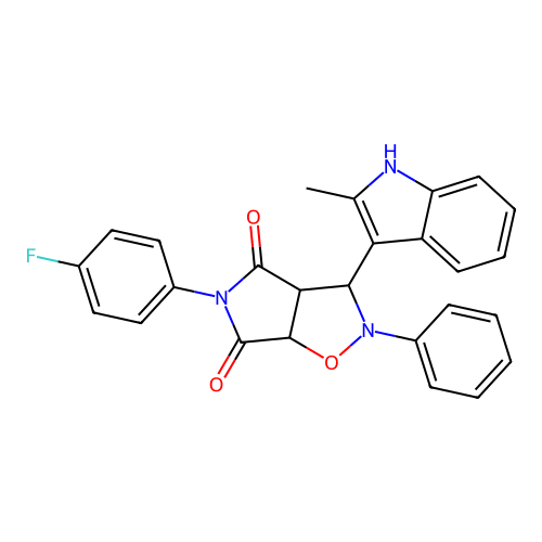 5-(4-fluorophenyl)-3-(2-methyl-1H-indol-3-yl)-2-phenyl-3a,6a-dihydro-3H-pyrrolo[3,4-d][1,2]oxazole-4,6-dione structure