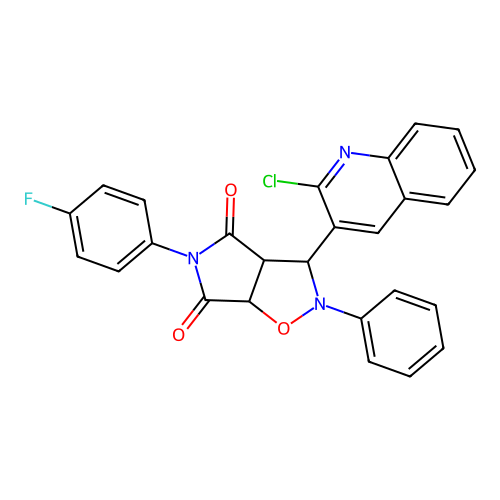 3-(2-chloroquinolin-3-yl)-5-(4-fluorophenyl)-2-phenyl-3a,6a-dihydro-3H-pyrrolo[3,4-d][1,2]oxazole-4,6-dione structure