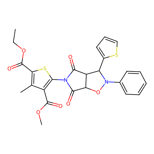 2-ethyl 4-methyl 5-(4,6-dioxo-2-phenyl-3-(thiophen-2-yl)tetrahydro-2H-pyrrolo[3,4-d]isoxazol-5(3H)-yl)-3-methylthiophene-2,4-dicarboxylate structure