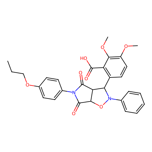 6-(4,6-dioxo-2-phenyl-5-(4-propoxyphenyl)hexahydro-2H-pyrrolo[3,4-d]isoxazol-3-yl)-2,3-dimethoxybenzoic acid structure