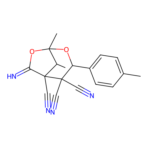 6-imino-1,8-dimethyl-3-(4-methylphenyl)-2,7-dioxabicyclo[3.2.1]octane-4,4,5-tricarbonitrile structure