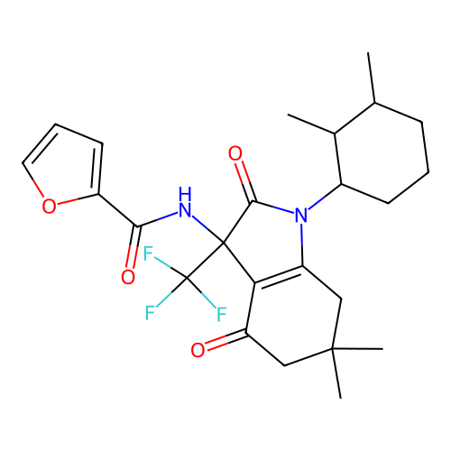 N-(1-(2,3-dimethylcyclohexyl)-6,6-dimethyl-2,4-dioxo-3-(trifluoromethyl)-2,3,4,5,6,7-hexahydro-1H-indol-3-yl)furan-2-carboxamide structure
