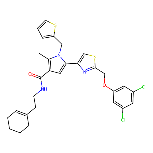 N-[2-(cyclohexen-1-yl)ethyl]-5-[2-[(3,5-dichlorophenoxy)methyl]-1,3-thiazol-4-yl]-2-methyl-1-(thiophen-2-ylmethyl)pyrrole-3-carboxamide structure
