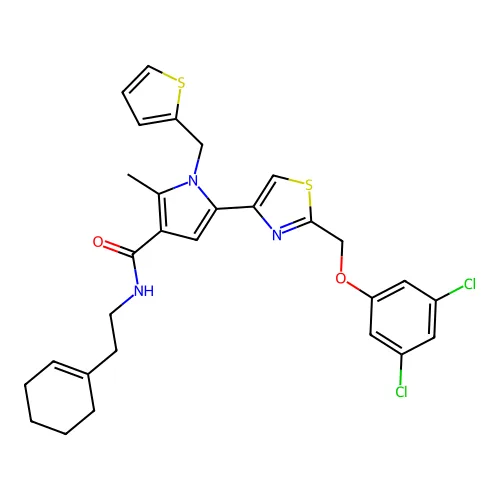 N-[2-(环己烯-1-基)乙基]-5-[2-[(3,5-二氯苯氧基)甲基]-1,3-噻唑-4-基]-2-甲基-1-(噻吩-2-基甲基)吡咯-3-甲酰胺 structure