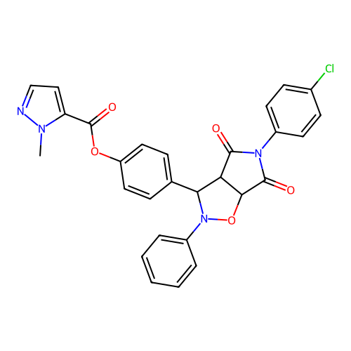[4-[5-(4-chlorophenyl)-4,6-dioxo-2-phenyl-3a,6a-dihydro-3H-pyrrolo[3,4-d][1,2]oxazol-3-yl]phenyl] 2-methylpyrazole-3-carboxylate structure