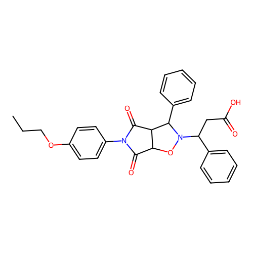 3-(4,6-dioxo-3-phenyl-5-(4-propoxyphenyl)hexahydro-2H-pyrrolo[3,4-d]isoxazol-2-yl)-3-phenylpropanoic acid structure