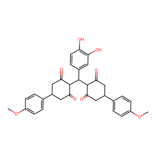 2,2'-((3,4-dihydroxyphenyl)methylene)bis(5-(4-methoxyphenyl)cyclohexane-1,3-dione) structure