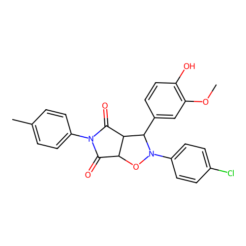2-(4-chlorophenyl)-3-(4-hydroxy-3-methoxyphenyl)-5-(4-methylphenyl)-3a,6a-dihydro-3H-pyrrolo[3,4-d][1,2]oxazole-4,6-dione structure