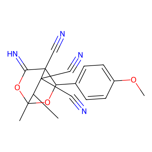 3-imino-5-(4-methoxyphenyl)-1,7-dimethyl-2,6-dioxabicyclo[2.2.2]octane-4,8,8-tricarbonitrile structure