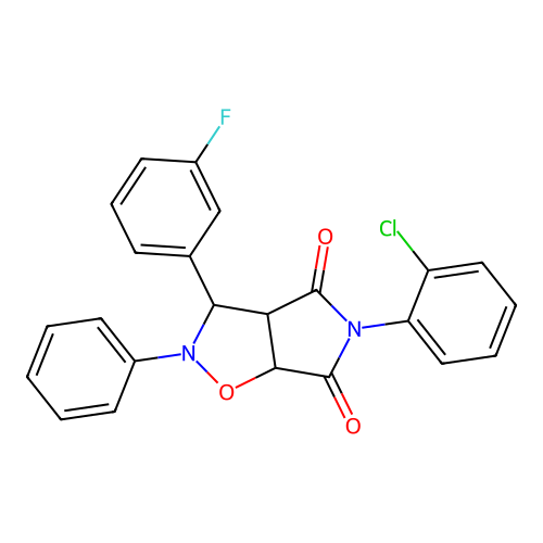 3-(2-chlorophenyl)-8-(3-fluorophenyl)-7-phenyl-6-oxa-3,7-diazabicyclo[3.3.0]octane-2,4-dione structure