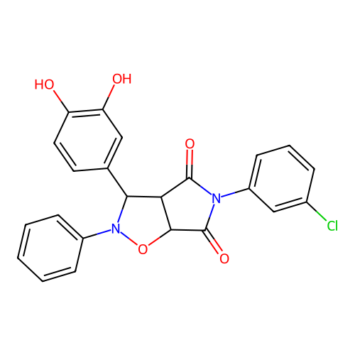 3-(3-chlorophenyl)-8-(3,4-dihydroxyphenyl)-7-phenyl-6-oxa-3,7-diazabicyclo[3.3.0]octane-2,4-dione structure