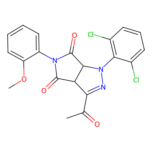 3-acetyl-1-(2,6-dichlorophenyl)-5-(2-methoxyphenyl)-1,6a-dihydropyrrolo[3,4-c]pyrazole-4,6(3aH,5H)-dione structure