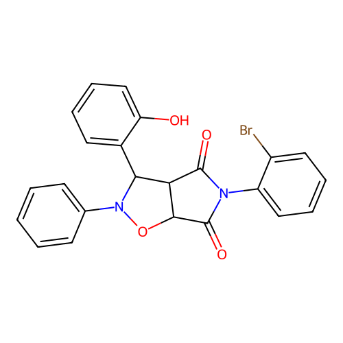 3-(2-bromophenyl)-8-(2-hydroxyphenyl)-7-phenyl-6-oxa-3,7-diazabicyclo[3.3.0]octane-2,4-dione structure