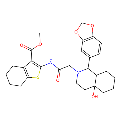 methyl 2-({[1-(1,3-benzodioxol-5-yl)-4a-hydroxyoctahydroisoquinolin-2(1H)-yl]acetyl}amino)-4,5,6,7-tetrahydro-1-benzothiophene-3-carboxylate structure