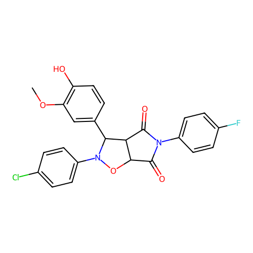 2-(4-chlorophenyl)-5-(4-fluorophenyl)-3-(4-hydroxy-3-methoxyphenyl)-3a,6a-dihydro-3H-pyrrolo[3,4-d][1,2]oxazole-4,6-dione structure