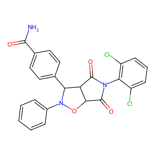 4-(5-(2,6-dichlorophenyl)-4,6-dioxo-2-phenylhexahydro-2H-pyrrolo[3,4-d]isoxazol-3-yl)benzamide structure