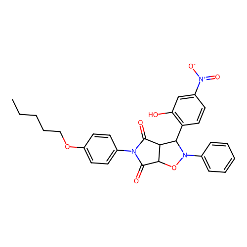 3-(2-hydroxy-4-nitrophenyl)-5-(4-(pentyloxy)phenyl)-2-phenyldihydro-2H-pyrrolo[3,4-d]isoxazole-4,6(5H,6aH)-dione structure
