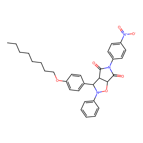 3-(4-nitrophenyl)-8-(4-octoxyphenyl)-7-phenyl-6-oxa-3,7-diazabicyclo[3.3.0]octane-2,4-dione structure