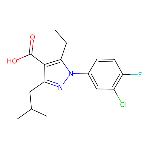 1-(3-Chloro-4-fluorophenyl)-5-ethyl-3-(2-methylpropyl)pyrazole-4-carboxylic acid structure
