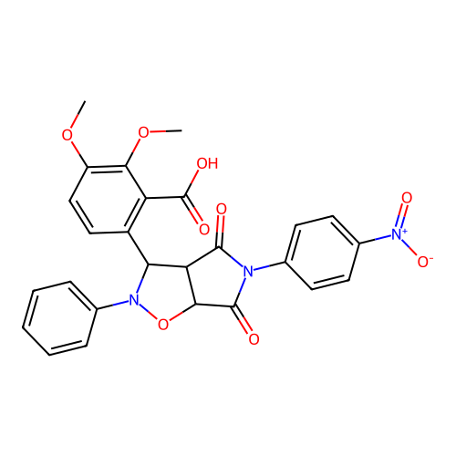 2,3-dimethoxy-6-(5-(4-nitrophenyl)-4,6-dioxo-2-phenylhexahydro-2H-pyrrolo[3,4-d]isoxazol-3-yl)benzoic acid structure