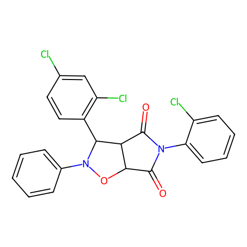 3-(2-chlorophenyl)-8-(2,4-dichlorophenyl)-7-phenyl-6-oxa-3,7-diazabicyclo[3.3.0]octane-2,4-dione structure