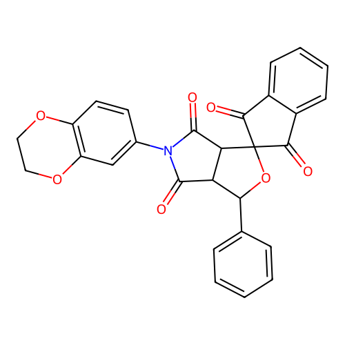 5-(2,3-dihydro-1,4-benzodioxin-6-yl)-1-phenylspiro[3a,6a-dihydro-1H-furo[3,4-c]pyrrole-3,2'-indene]-1',3',4,6-tetrone structure