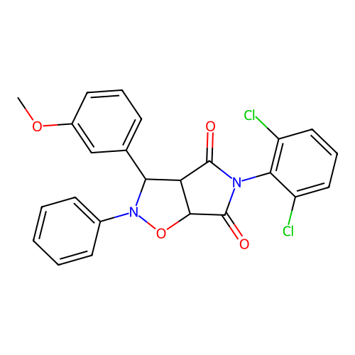 3-(2,6-dichlorophenyl)-8-(3-methoxyphenyl)-7-phenyl-6-oxa-3,7-diazabicyclo[3.3.0]octane-2,4-dione structure