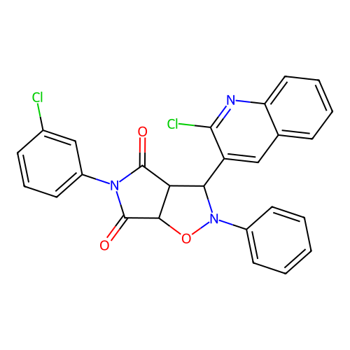 5-(3-chlorophenyl)-3-(2-chloroquinolin-3-yl)-2-phenyl-3a,6a-dihydro-3H-pyrrolo[3,4-d][1,2]oxazole-4,6-dione structure