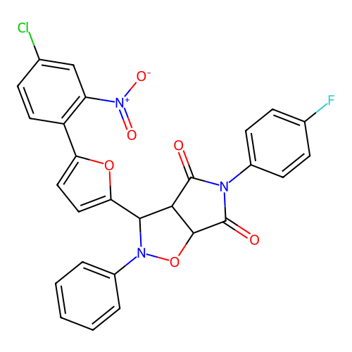3-(5-(4-chloro-2-nitrophenyl)furan-2-yl)-5-(4-fluorophenyl)-2-phenyldihydro-2H-pyrrolo[3,4-d]isoxazole-4,6(5H,6aH)-dione structure