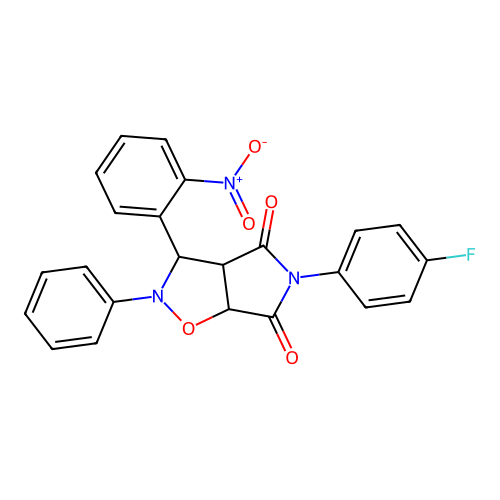 3-(4-fluorophenyl)-8-(2-nitrophenyl)-7-phenyl-6-oxa-3,7-diazabicyclo[3.3.0]octane-2,4-dione structure