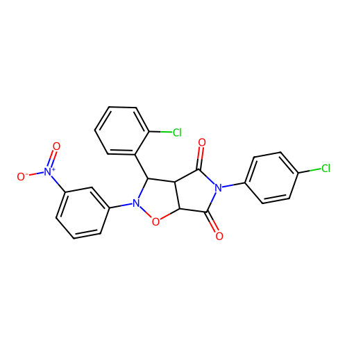 3-(2-chlorophenyl)-5-(4-chlorophenyl)-2-(3-nitrophenyl)-3a,6a-dihydro-3H-pyrrolo[3,4-d][1,2]oxazole-4,6-dione structure