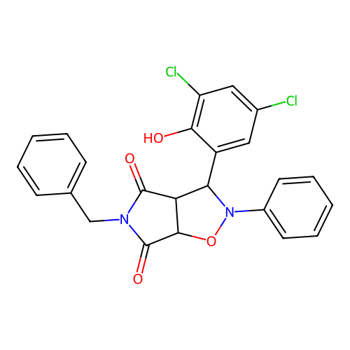 3-benzyl-8-(3,5-dichloro-2-hydroxy-phenyl)-7-phenyl-6-oxa-3,7-diazabicyclo[3.3.0]octane-2,4-dione structure