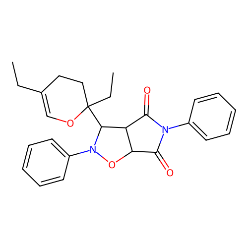 3-(2,5-diethyl-3,4-dihydro-2H-pyran-2-yl)-2,5-diphenyldihydro-2H-pyrrolo[3,4-d]isoxazole-4,6(5H,6aH)-dione structure