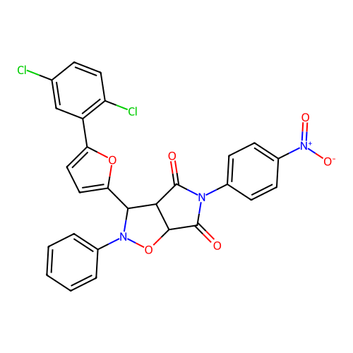 3-(5-(2,5-dichlorophenyl)furan-2-yl)-5-(4-nitrophenyl)-2-phenyldihydro-2H-pyrrolo[3,4-d]isoxazole-4,6(5H,6aH)-dione structure