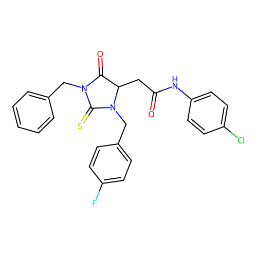 2-[1-benzyl-3-(4-fluorobenzyl)-5-oxo-2-thioxoimidazolidin-4-yl]-N-(4-chlorophenyl)acetamide structure