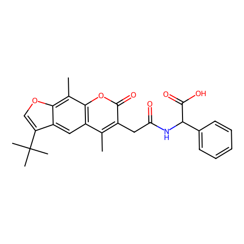 2-(2-(3-(tert-butyl)-5,9-dimethyl-7-oxo-7H-furo[3,2-g]chromen-6-yl)acetamido)-2-phenylacetic acid structure