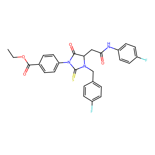 ethyl 4-[3-(4-fluorobenzyl)-4-{2-[(4-fluorophenyl)amino]-2-oxoethyl}-5-oxo-2-thioxoimidazolidin-1-yl]benzoate structure
