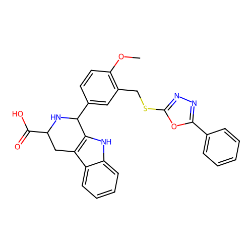 1-(4-methoxy-3-{[(5-phenyl-1,3,4-oxadiazol-2-yl)sulfanyl]methyl}phenyl)-2,3,4,9-tetrahydro-1H-beta-carboline-3-carboxylic acid structure