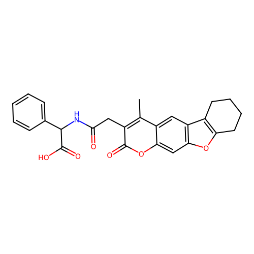 2-(2-(4-methyl-2-oxo-6,7,8,9-tetrahydro-2H-benzofuro[3,2-g]chromen-3-yl)acetamido)-2-phenylacetic acid structure