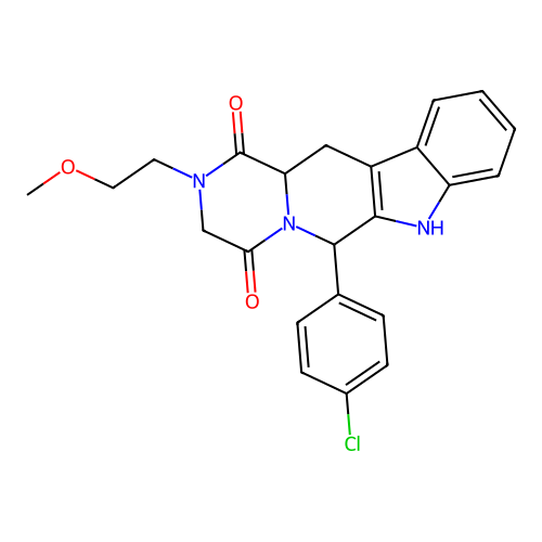 6-(4-chlorophenyl)-2-(2-methoxyethyl)-2,3,12,12a-tetrahydropyrazino[1',2':1,6]pyrido[3,4-b]indole-1,4(6H,7H)-dione structure
